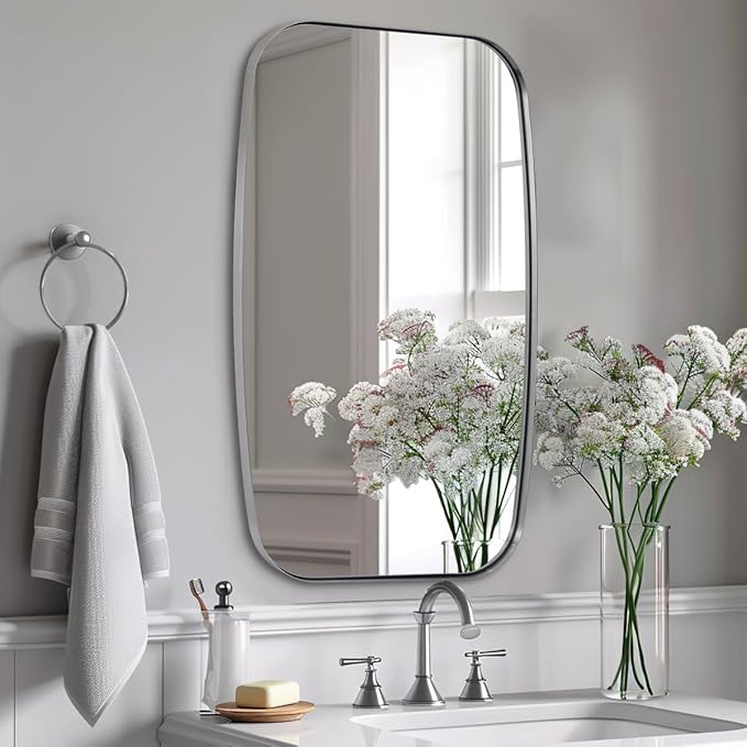 ANDY STAR Brushed Nickel Mirror, 30x48’’ Brushed Nickel Bathroom Oval Mirror with Stainless Steel Metal Frame, Silver Oblong Mirrors Wall Mounted for Bedroom, Living Room Decor