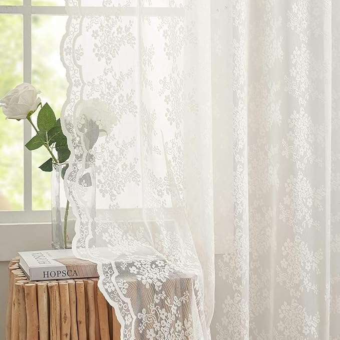 YJ YANJUN Vintage Lace Curtains 94 Inches Long- Antique Flowers Ivory Sheer by YJYANJUN