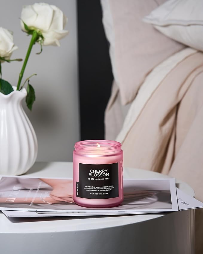 M&SENSE Cherry Blossom Scented Spring Candle, Best Smelling Stress Relief Aromatherapy Candle, 50 Hours 7.05oz Natural Soy Wax Romantic Candle Gifts for Women & Home Decor