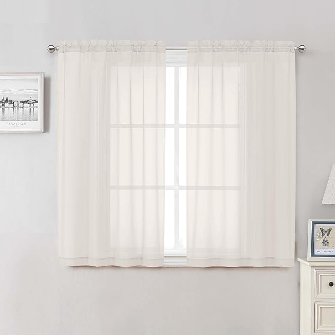 Lecloud Ivory Sheer Curtains 48 Inch Length 2 Pcs, Rustic Farmhouse Curtains by Lecloud