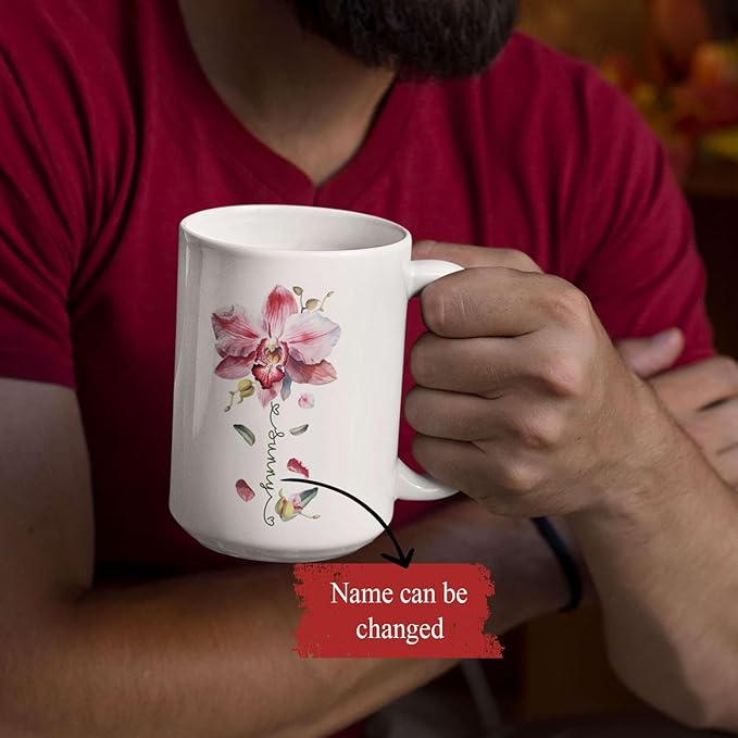 Novelty Coffee Cup With Orchid Design, Personalized Name Flower Accent Mug, Custom Orchid Flower Ceramic Cup 11oz 15oz, Customized Flower Lover Mug, Gift For Family Member