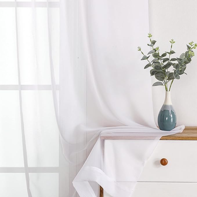 White Sheer Curtain 90 Inches Long 2 Panels Set, Solid Filmy Drapes - Image 8