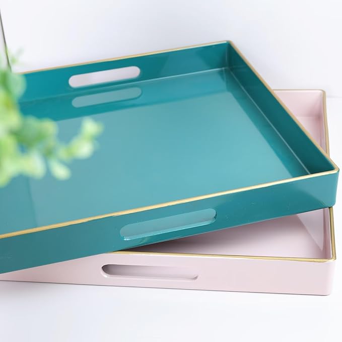 Spsyrine Green Decorative Serving Tray with Handles, 13" X 13" Square Plastic Coffee Table Tray for Ottoman, Living Room, Bathroom, Home Decor.