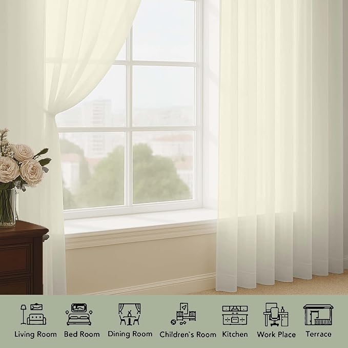 OWENIE Sheer Cream Curtains, Sheer Curtains 63 inch Length 2 Panels Set - Image 3