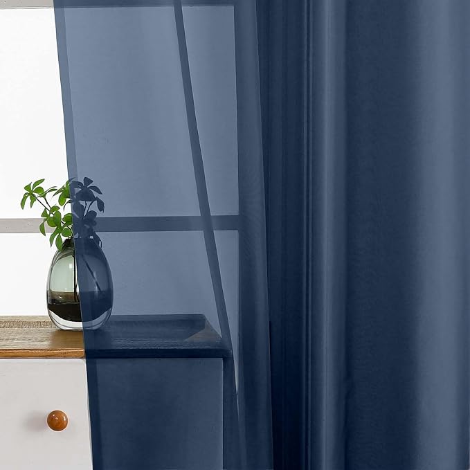 Navy Blue Small Sheer Curtains 2 Panels Set, Kitchen Curtains 36 Inch Length - Image 4