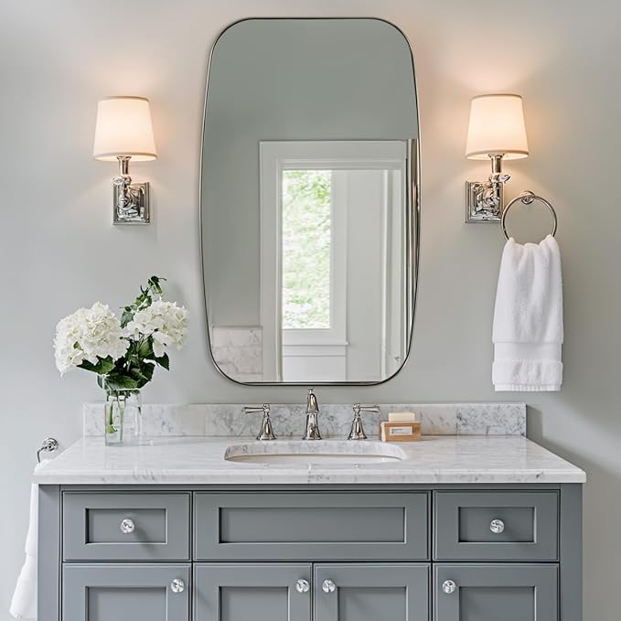 ANDY STAR Brushed Nickel Mirror, 30x48’’ Brushed Nickel Bathroom Oval Mirror with Stainless Steel Metal Frame, Silver Oblong Mirrors Wall Mounted for Bedroom, Living Room Decor