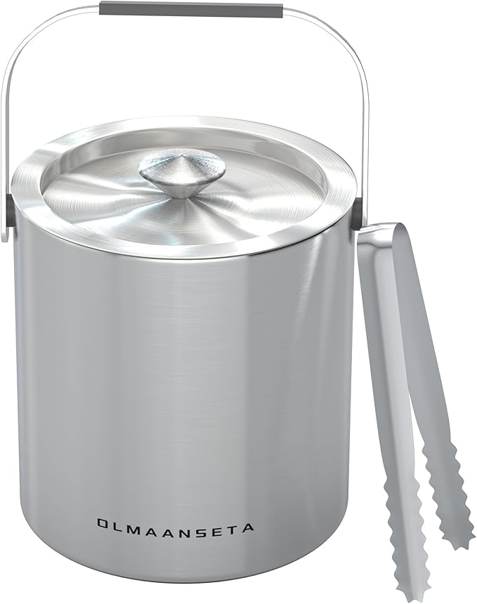 Small Ice Bucket with Lid and Tongs,1.3L Portable Mini Double Walled Ice Cube Bucket for Cocktail Bar Stainless Steel Cute Insulated Ice Buckets for Parties