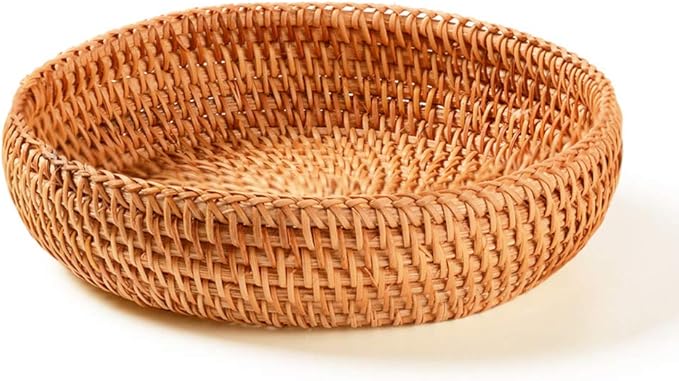 Hadewoven Round Rattan Fruit Basket Wicker Food Tray Weaving Storage Holder Dinning Room Bowl, 7”Decorative Natural Basket Woven Fruit Basket Bowl for Entryway Table, Countertop (Small 7”)