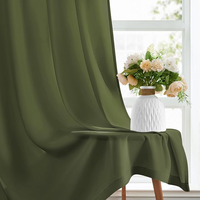 HOMEIDEAS Non-See-Through Olive Green Privacy Sheer Curtains, 52 X 45 Inches - Image 6