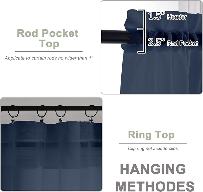 Navy Blue Sheer Curtain 90 Inches Long 2 Panels Set, Solid Filmy Drapes - Image 4
