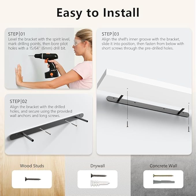 Habudda Floating Shelves for Wall, Display Shelf for Bathroom Bedroom Kitchen, Rustic Decor Pine Solid Wood Bookshelf, 30 Inch Long, Set of 2, White