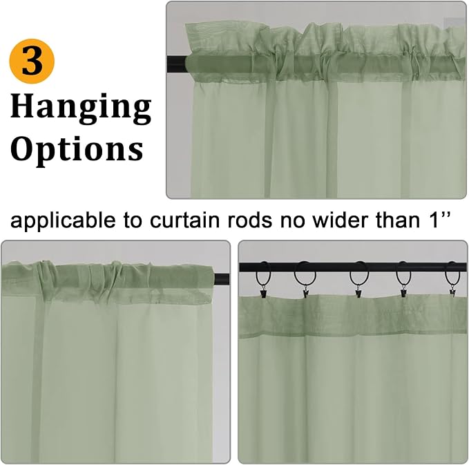 Gwine Sage Green Sheer Curtains 30 Inch Length, Short Light Filtering Voile - Image 4