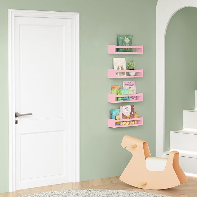 Forbena Pink Floating Shelves for Wall, Aesthetic Wall Bookshelf for Girls Room Decor, Wood Nursery Bookshelves for Toddler Kids Bedroom Book and Toy Storage Organizer (Set of 4, Pink)