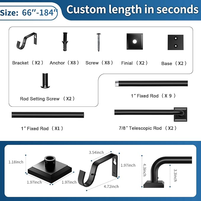 Black Curtain Rods for Windows 66-184 Inch Heavy Duty Wrap Around Blackout - Image 8