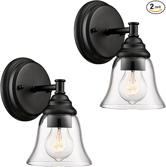 Moder 1-Light Black Wall Sconce Clear Glass Bell Shape Light Fixtures for Farmhouse, Bathroom, Living Room, Stairway Set of 2
