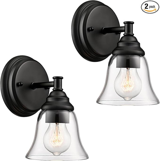 Moder 1-Light Black Wall Sconce Clear Glass Bell Shape Light Fixtures for Farmhouse, Bathroom, Living Room, Stairway Set of 2