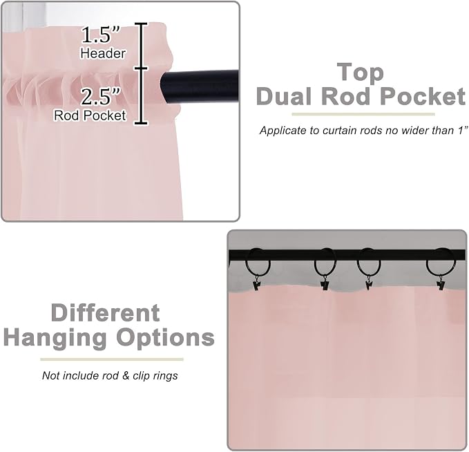 Sheer Blush Curtains for Bedroom Living Room 63 Inch Length 2 Panels, Airy Soft - Image 4
