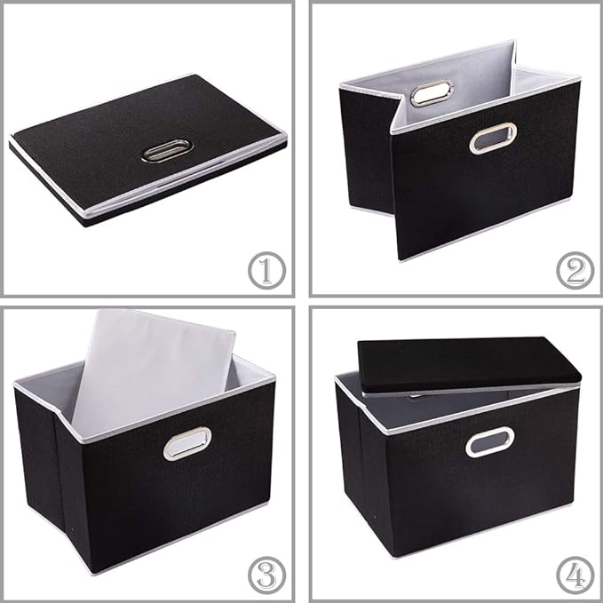PRANDOM Large Foldable Storage Boxes with Lids [3-Pack] Fabric Collapsible Storage Bins Organizer Containers Baskets Cube with Cover for Home Bedroom Closet Office Nursery Black(17.7x11.8x11.8)