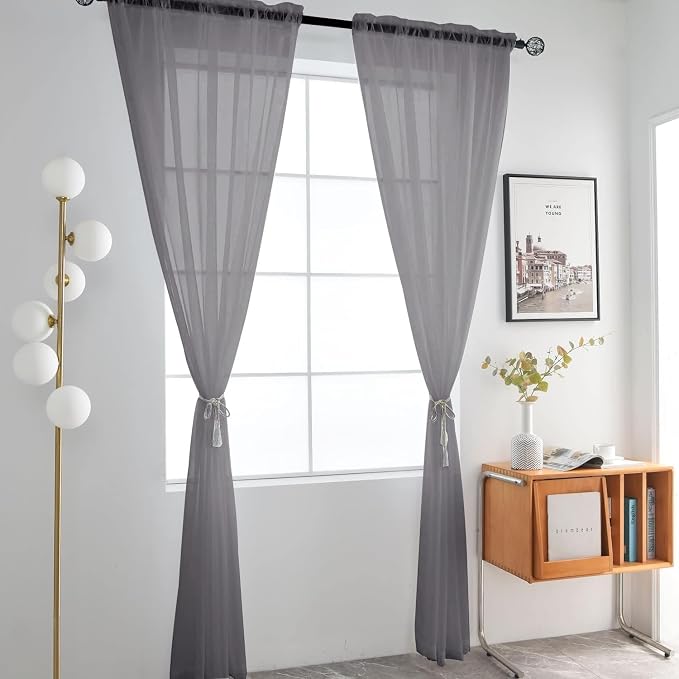 SpaceDresser Grey Sheer Curtains 4 Panels Rod Pocket Semi-Sheer Curtain 84 - Image 3