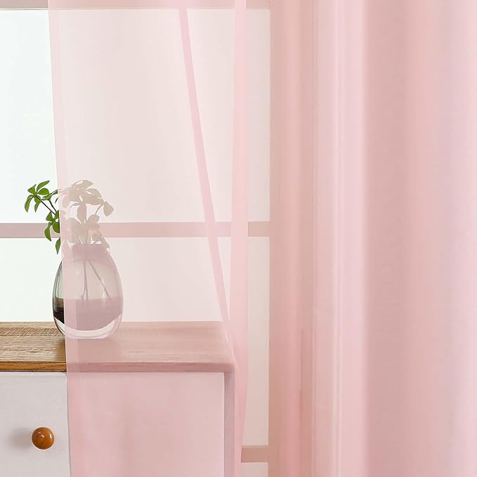 Blush Pink Small Sheer Curtains 2 Panels Set, Kitchen Curtains 36 Inch Length - Image 4