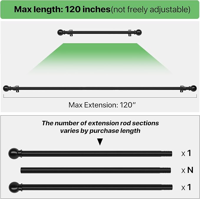 Curtain Rods for Windows 66 to 120 inch, 2 Pack Black Long Curtain Rod - Image 4