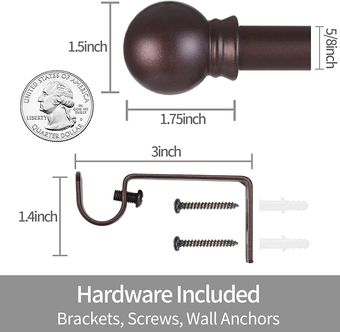 Thestoa Brown Curtain Rods for Windows 30-62 Inch, 5/8" Stainless Steel Small - Image 3