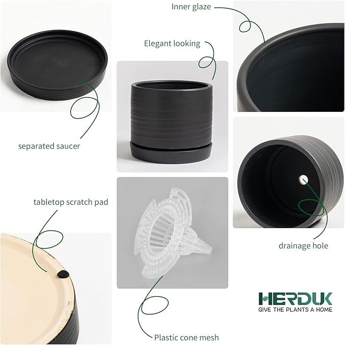 8 Inch Pots for Plants, Ceramic Planter Pot with Drainage Hole & Saucer, Indoor/Outdoor Cylinder Round Planter Pot, Matte Black