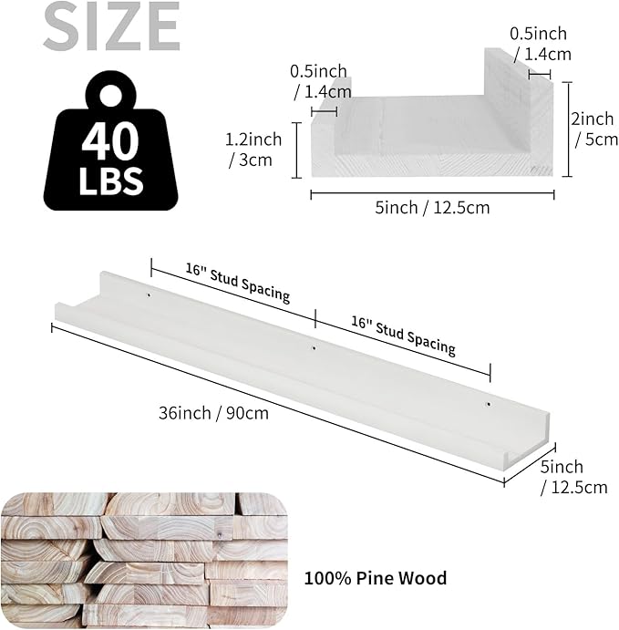 SAUMONIERES Picture Ledge Shelf Floating Book Shelves Set of 2 Wall Mounted Solid Wood for Bedroom Bathroom Living Room Kitchen, 36 Inch White