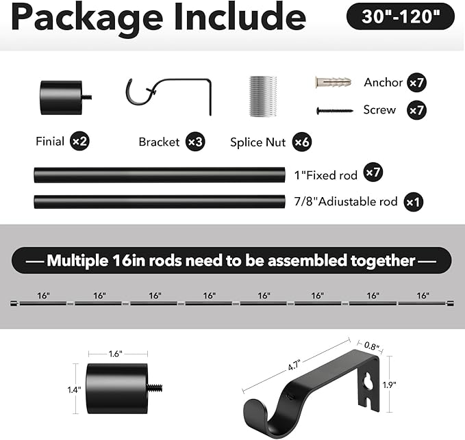 IFELS Heavy Duty Curtain Rods for Windows 66 to 120 Inch, 1 Inch Black Curtain - Image 6
