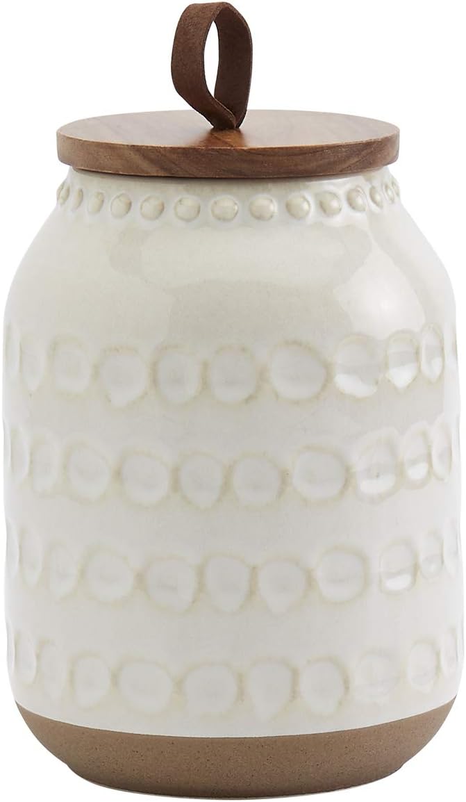 TTU Tabletops Gallery Ceramic Canister Collection- Stoneware Designed Kitchen Storage Embossed Acacia Wood White Set, 3 Piece Embossed Ziggy White Canister Set