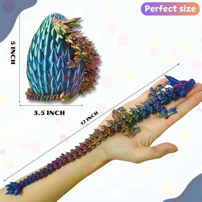 3PCS 3D Printed 12” Articulated Crystal Dragon Inside 5.1” Egg – Fantasy Collectible, Fidget Toy & Stocking Easter Basket Stuffers for Home & Office Decor (3PCS-Egg)