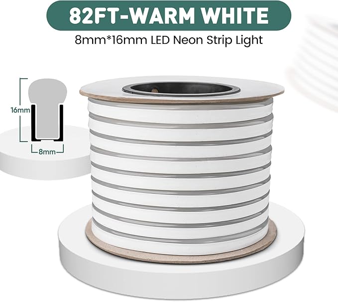 GZBtech Flexible LED Neon Rope Lights 82FT,AC 110-120V Waterproof Strip Light, 120 LEDs/M Cuttable Connectable Neon Lighting for Indoor Outdoor Home Decor/Commercial Building Use-Warm White 25M