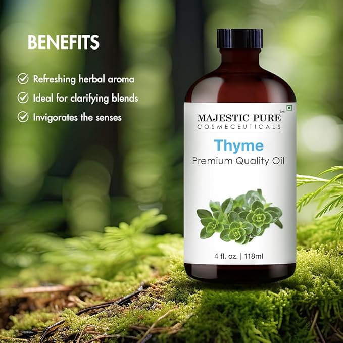 Majestic Pure Thyme Essential Oil with Glass Dropper - Huge 4 Fl Oz - 100% Pure and Natural Thyme Oil - Premium Grade Essential Oils for Diffuser, Aromatherapy, Soap and Candle Making