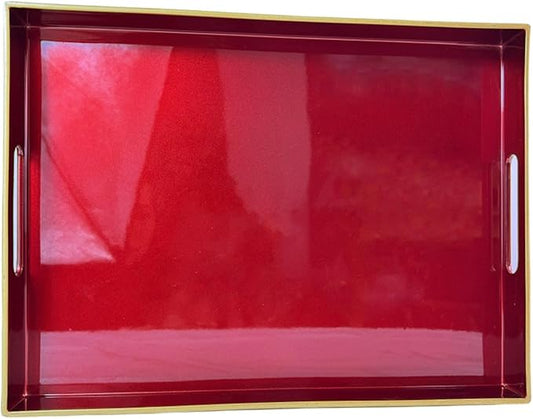 Large Red Decorative Tray, Serving Tray with Handles, Plastic Coffee Table Tray for Ottoman, Living Room, Bathroom, Decor. 15.7” x 11.8” x1.6”