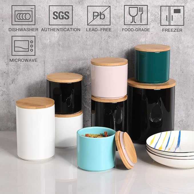 Sweejar Ceramic Kitchen Canister Sets, Porcelain Container for Countertop, Heavy Food Storage Jars with Airthight Seal Bamboo Lid, Servering for Sugar, Coffee Beans, Tea Leaves, Pack of 4（White）