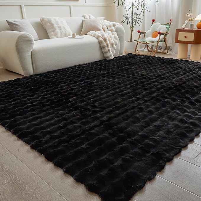 Black Rabbit Plush Rug 8'x10', Fluffy Faux Fur Shaggy Area Rug - Image 4