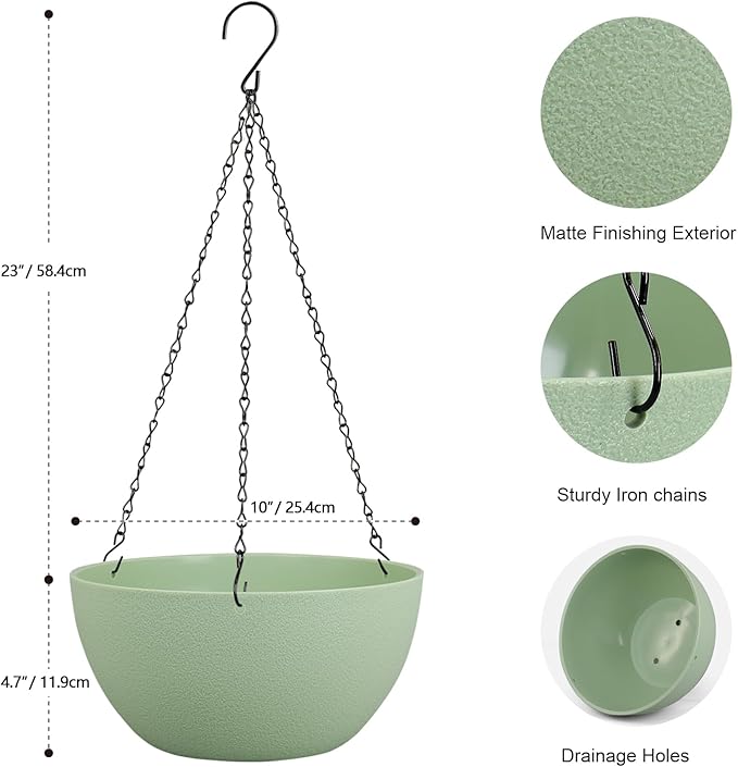 10 inch Hanging Planters Plant Pots for Indoor Outdoor Plants, 2 Pack Hanging Flower Pots with Drainage Holes and Chain for Garden Porch, Plastic Hanging Baskets for House Plants, Green