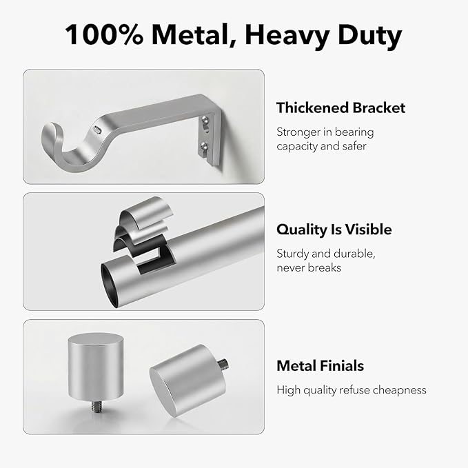 IFELS Heavy Duty Curtain Rods for Windows 66 to 120 Inch, 1 Inch Silver Curtain - Image 4