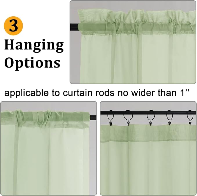 Gwine Light Green Sheer Kitchen Curtains 36 Inch Length, Light Filtering Voile - Image 4