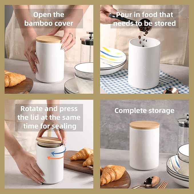 Sweejar Ceramic Kitchen Canister Sets, Porcelain Container for Countertop, Heavy Food Storage Jars with Airthight Seal Bamboo Lid, Servering for Sugar, Coffee Beans, Tea Leaves, Pack of 4（White）