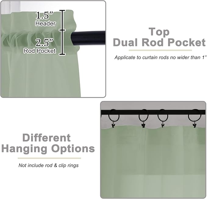 Sage Green Valances for Windows, Sheer Curtains 14 Inch Length 2 Pack Kitchen - Image 4