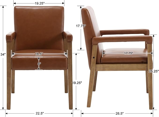 Kmax Modern Dining Chairs Set of 4 Faux Leather Kitchen Arm Chairs Upholstered Accent Chairs with Wooden Legs for Dining Room, Living Room, Bedroom, Brown