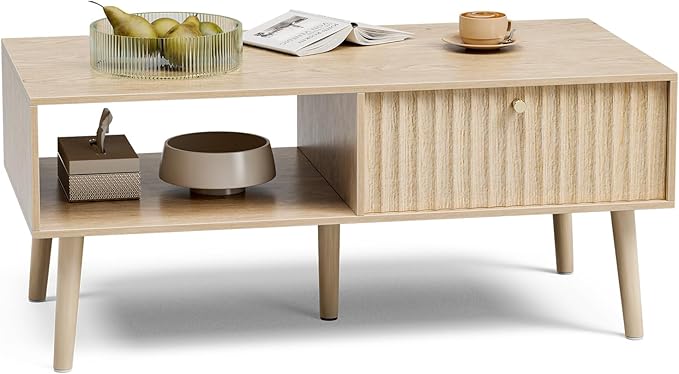 Coffee Table with Storage, Boho Dining Table with Fluted Drawer and Solid Wood Legs, Small Coffee Tables for Living Room, Oak