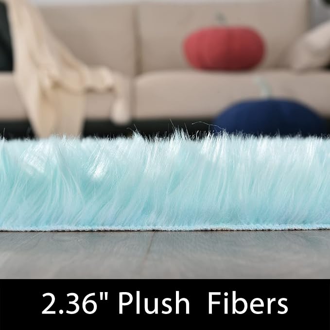 Latepis Fluffy Light Blue Round Rug 5ft Faux Fur Fluffy Washable Rugs Shag - Image 2