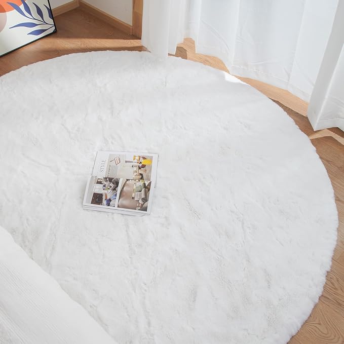 ORINOVA White Faux Rabbit Washable Fur Area Rugs Circle Rugs - Image 4