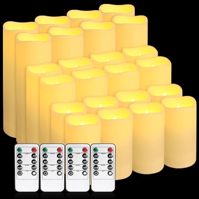 Set of 24 Waterproof Outdoor Flameless Candles,Realistic LED Candles with 4 Remote and Timer,(H 4" 5" 6" x D 2.2"),for Halloween Wedding Festival Decor.