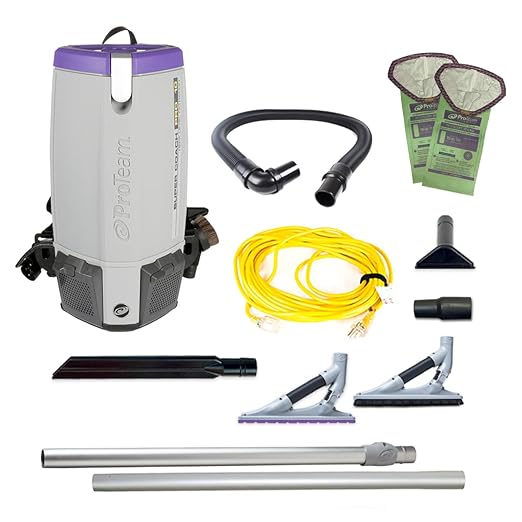 ProTeam Super Coach Pro 10 Commercial Backpack Vacuum with ProBlade Hard Surface and Carpet Tool Kit, 10 Quart, Corded, 107538