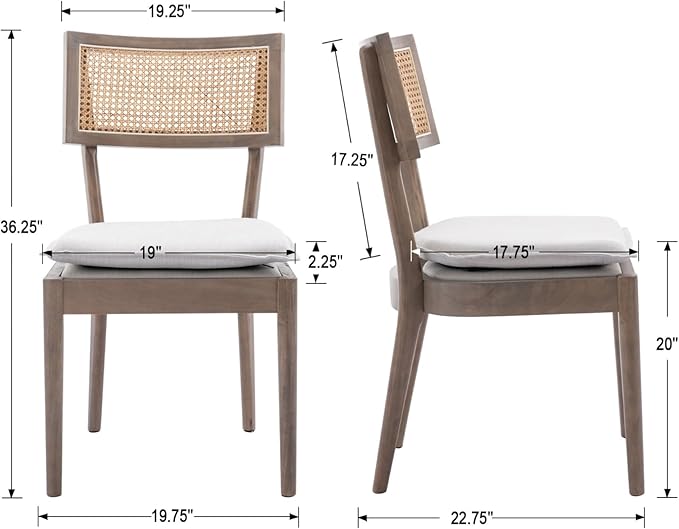 Rattan Dining Chairs Set Of 6 , Mid Century Modern Upholstered Cane Back Chairs with Removable Linen Cushion , Retro Farmhouse Natural Wooden Kitchen & Dining Room Chairs for Restaurant Living Room