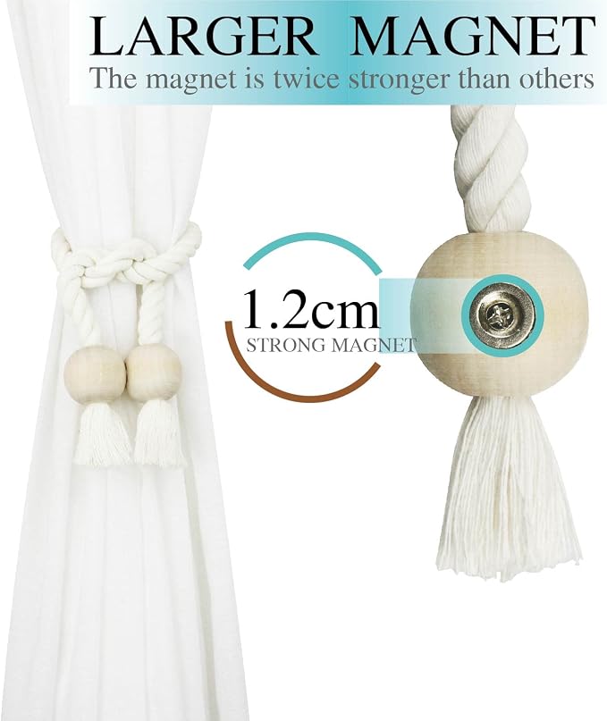 4 Pack Magnetic Curtain Tiebacks Cotton Hand Woven Tie Back Decorative Rope - Image 3