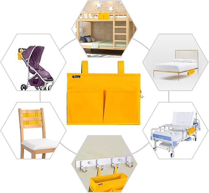 Surblue Bedside Caddy Hanging Bed Organizer Storage Bag Pocket for Bunk and Hospital Beds, College Dorm Rooms Baby Bed Rails, Camp 4 Pockets and 2 Hooks (Small, Yellow)